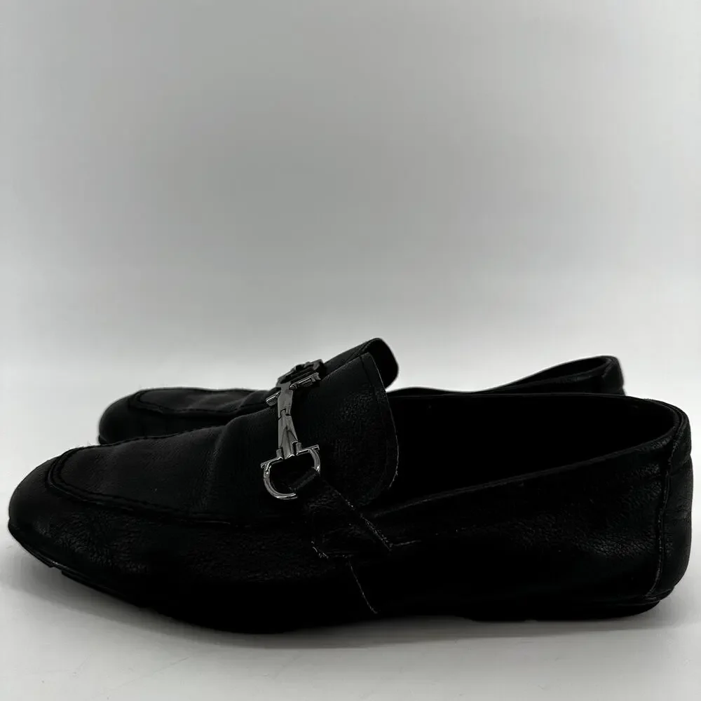 Salvatore Ferragamo Gancini Driving Loafers Pebbled Leather Slip On Black 6.5EE